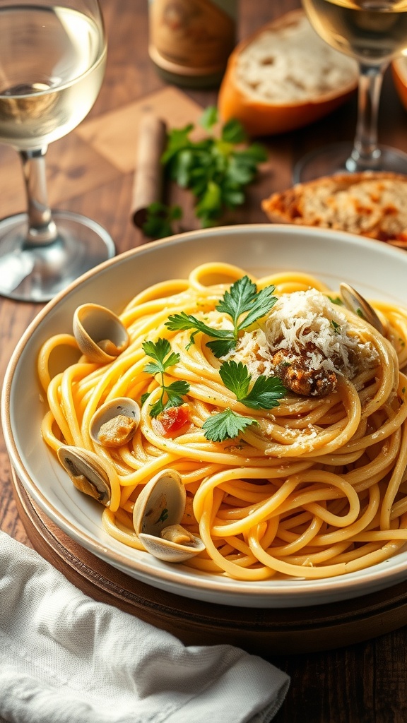 Spaghetti with clam juice sauce, parsley, and Parmesan on a rustic table.